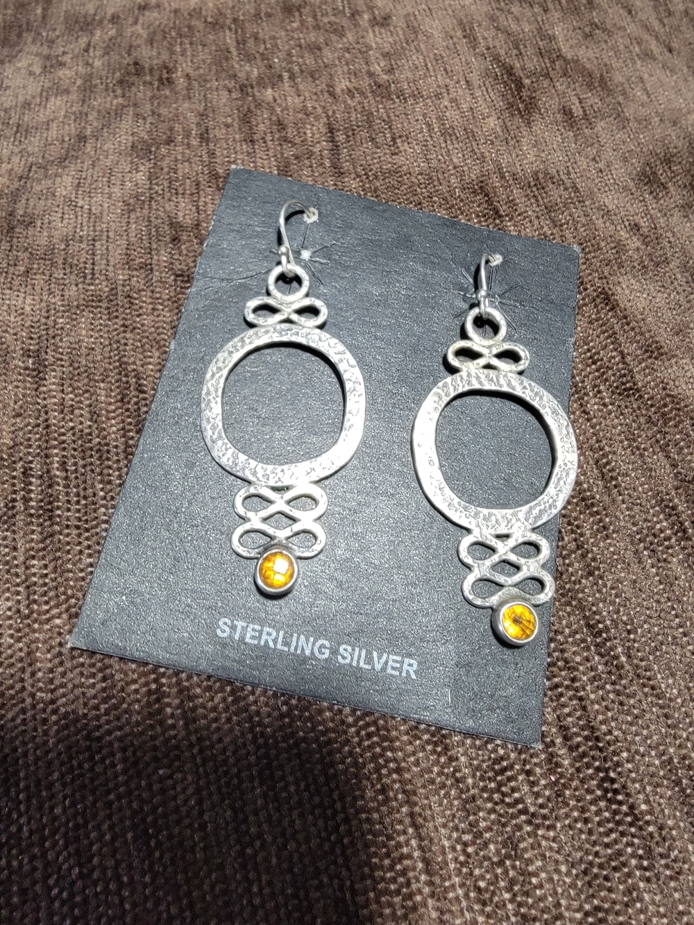 Silver/ArgentiumCitrine  Gemstone Dangle Earrings With Hammered Design